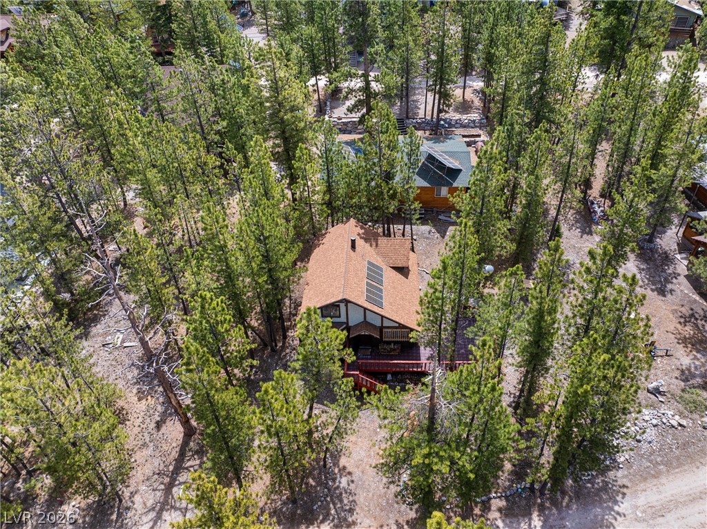 2146 Via Spes Nostra Street Mount Charleston, NV 89124 - Photo 31 of 33 Nestled among towering pines, this home features solar panels and a welcoming deck, offering serene mountain living.