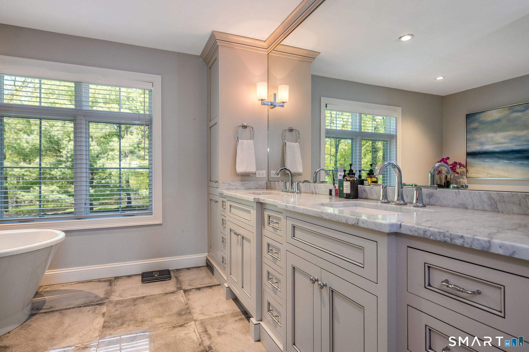 170 Devonshire Lane Madison, CT 06443 - Photo 21 of 39 a bathroom with a granite countertop sink mirror and a bathtub