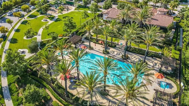 a garden view with a seating space