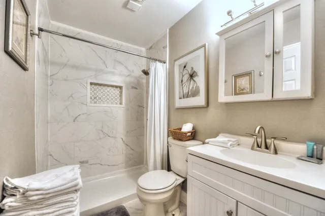 a bathroom with a sink a toilet and a shower