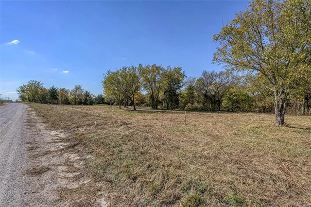 a view of a field with trees in background