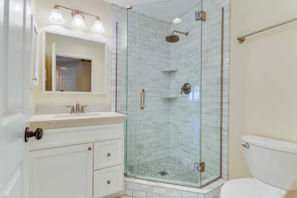 a bathroom with a shower sink vanity mirror and toilet