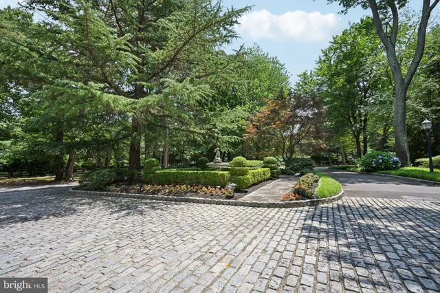 a view of a fountain in the garden with large trees