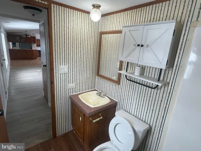 a bathroom with a toilet a sink and mirror