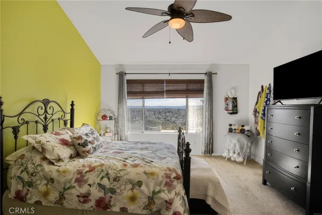 a bedroom with a bed and a television