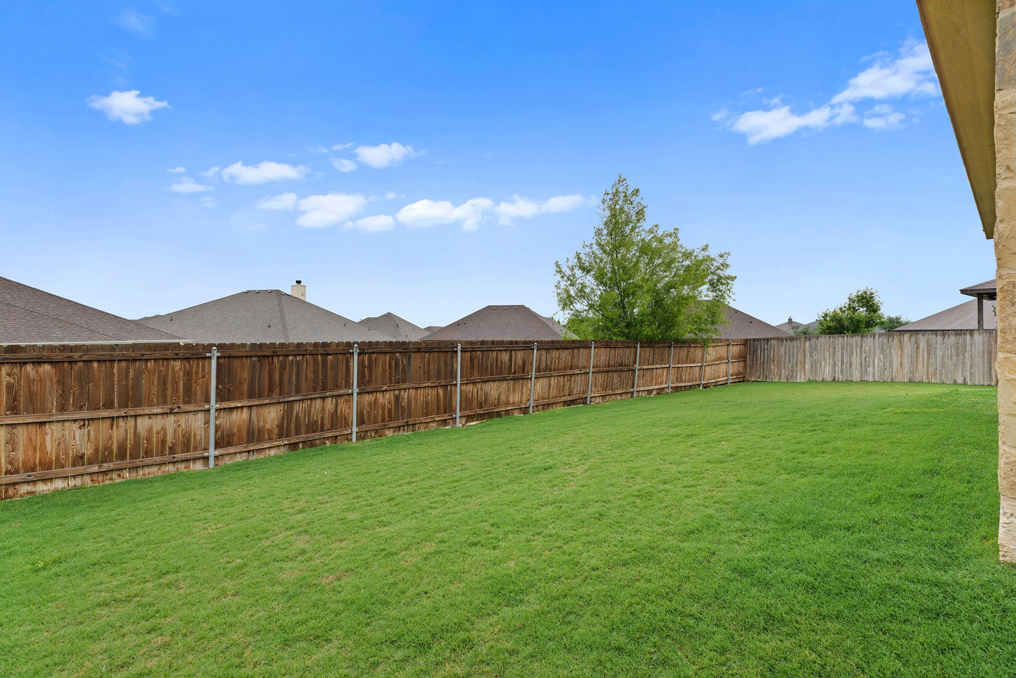 161 Greg Lane Jarrell, TX 76537 - Photo 32 of 35 Expansive backyard featuring a manicured lawn, full wood privacy fencing, and a mature tree