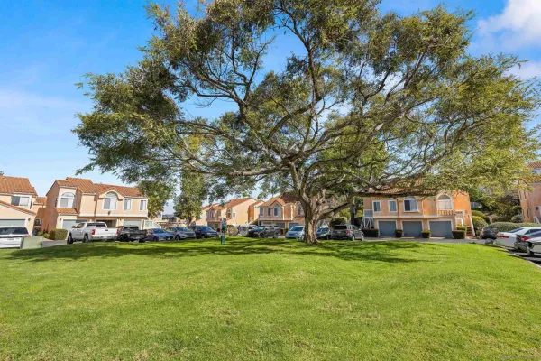 a front view of building with yard and trees