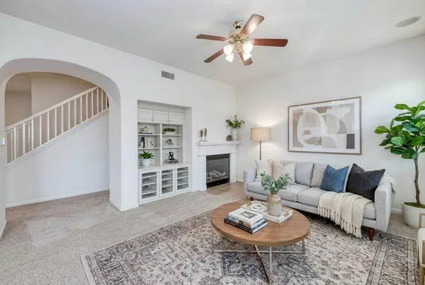 a view of a dining room with furniture window and outside view