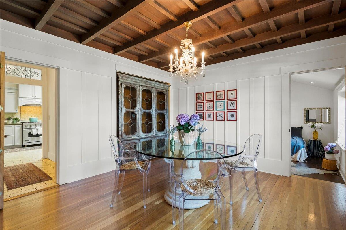 32 Maple Avenue Atherton, CA 94027 - Photo 16 of 52 a view of a dining room with furniture wooden floor and chandelier