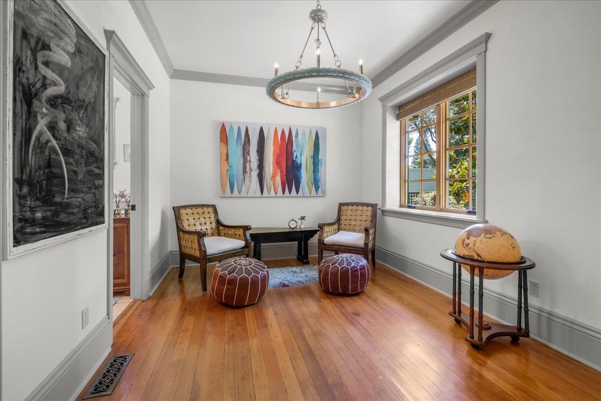 32 Maple Avenue Atherton, CA 94027 - Photo 37 of 52 a living room with furniture a window and a chandelier