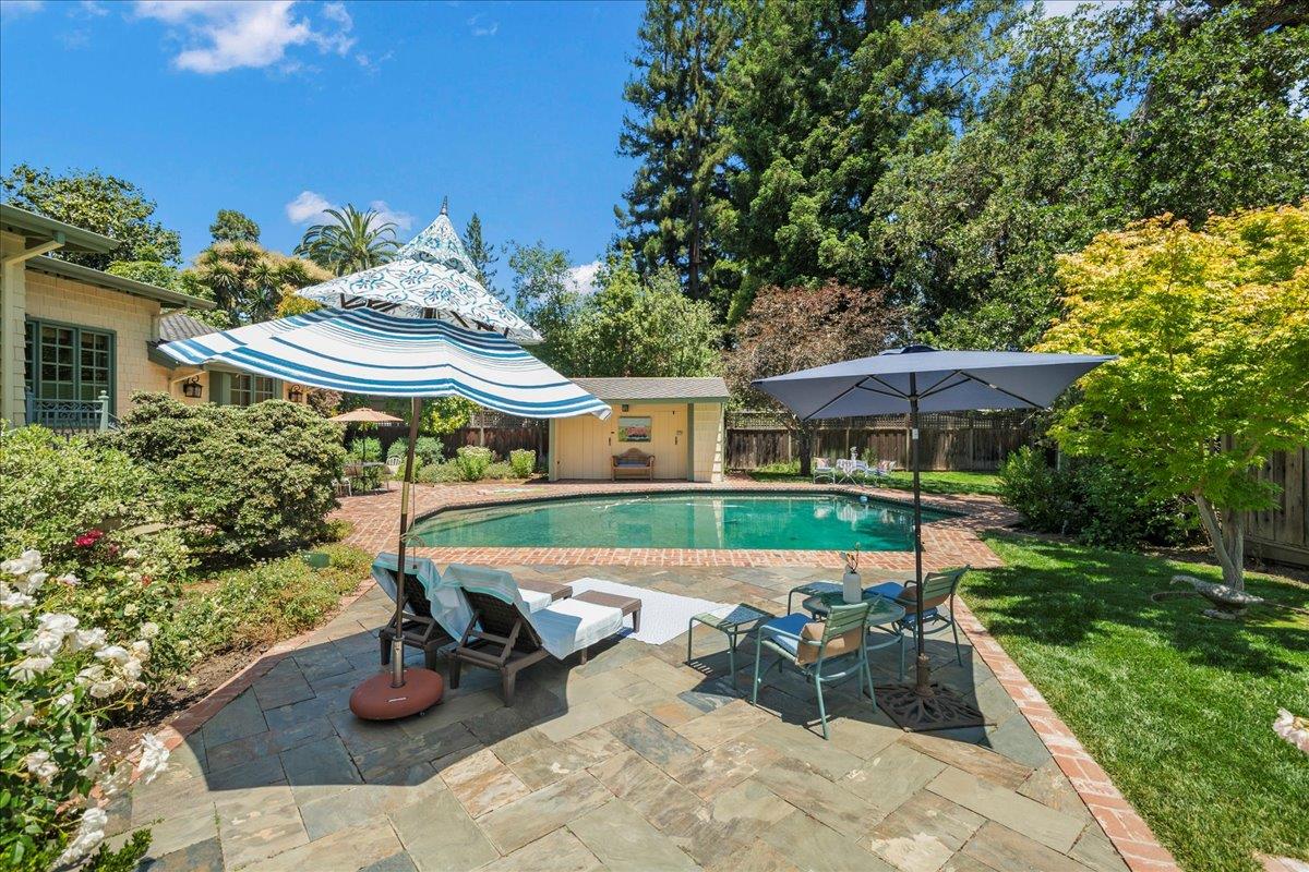 32 Maple Avenue Atherton, CA 94027 - Photo 41 of 52 a view of a house with backyard sitting area and swimming pool