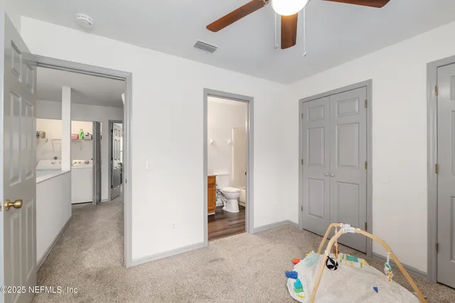 a view of a park with large trees