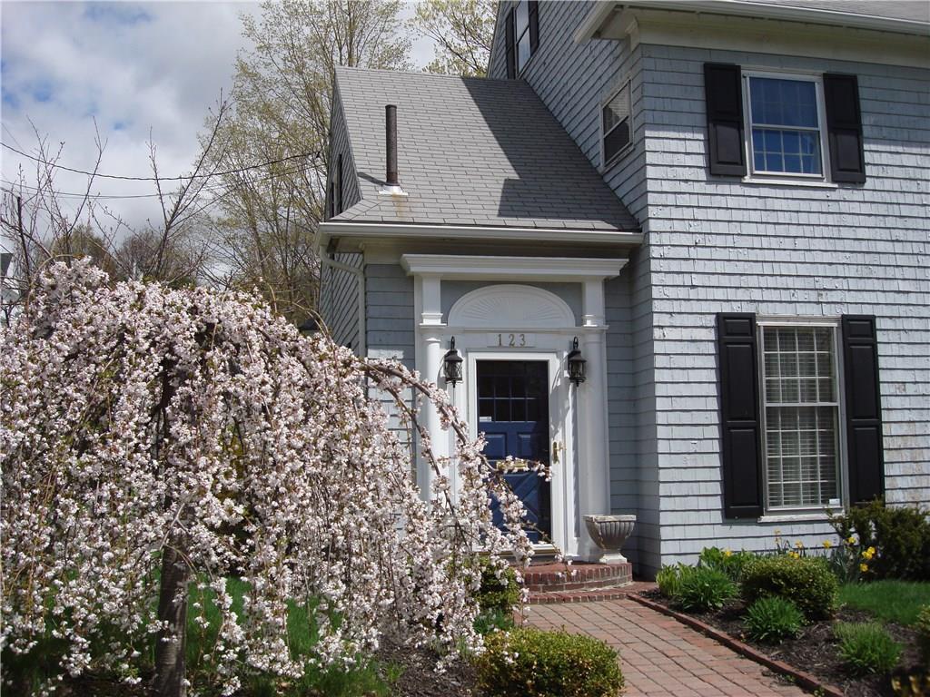 Weeping plum tree blooming in the...