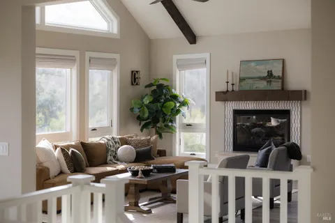 a living room with furniture a potted plant and a fireplace