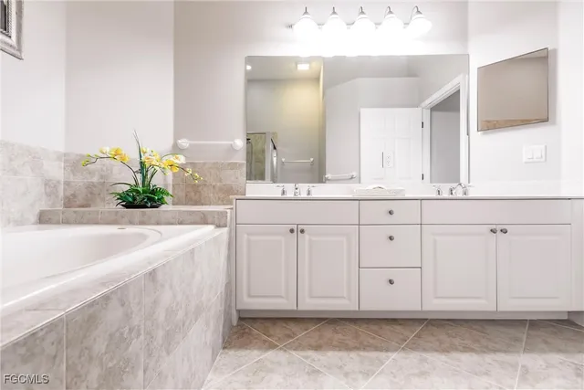 a bathroom with a granite countertop sink and a bathtub