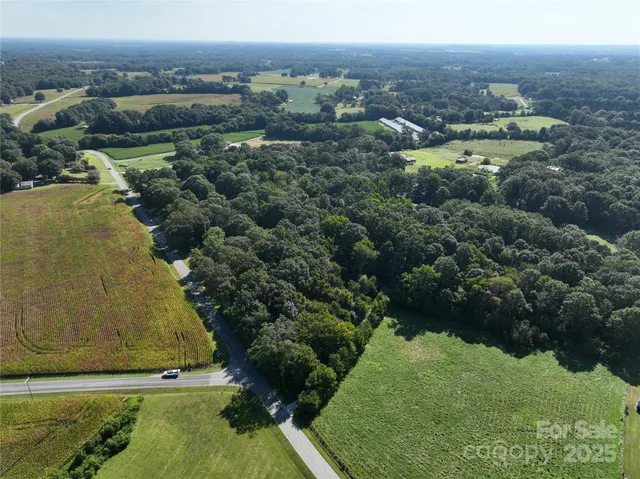 an aerial view of a residential houses with outdoor space and trees