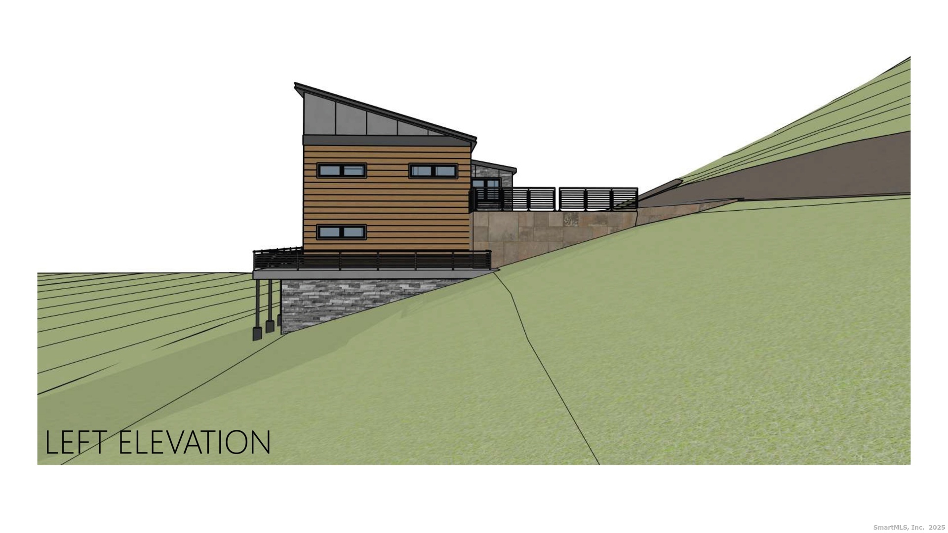 31 B June Road Washington, CT 06777 - Photo 5 of 20 Left-side perspective rendering showing retaining walls and hillside integration.