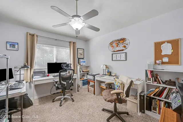 a view of a backyard with table and chairs potted plants and large tree