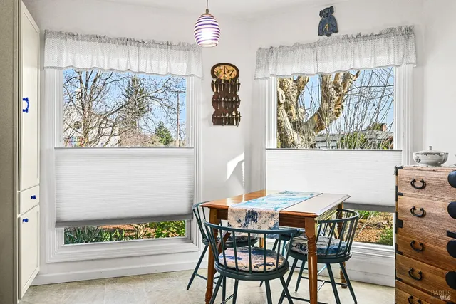 a view of a dining area with furniture and a large window