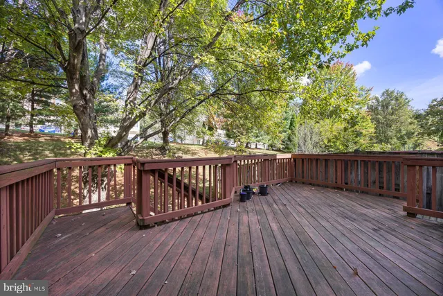 a view of yard with large trees and wooden fence