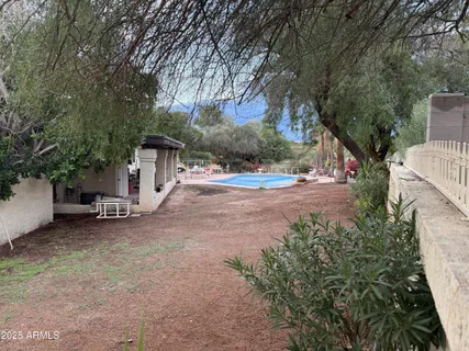 a view of a house with backyard and tree