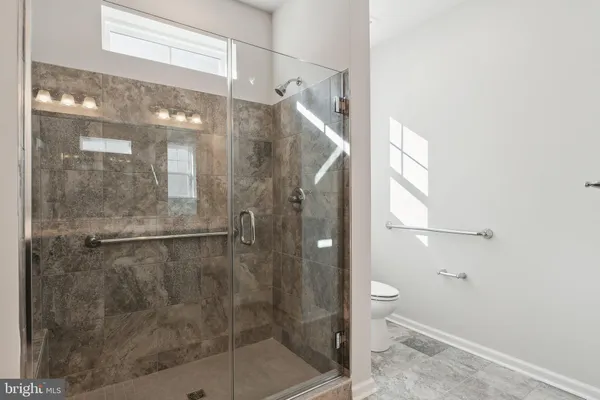 a bathroom with a shower and toilet