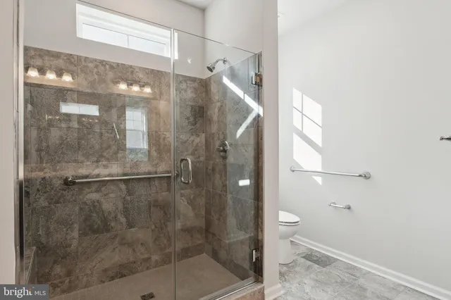 a bathroom with a shower and toilet