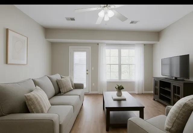 a living room with furniture a window and a flat screen tv