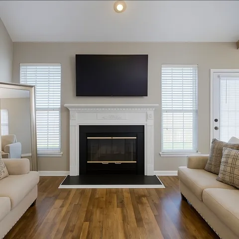 a living room with furniture a flat screen tv and a fireplace