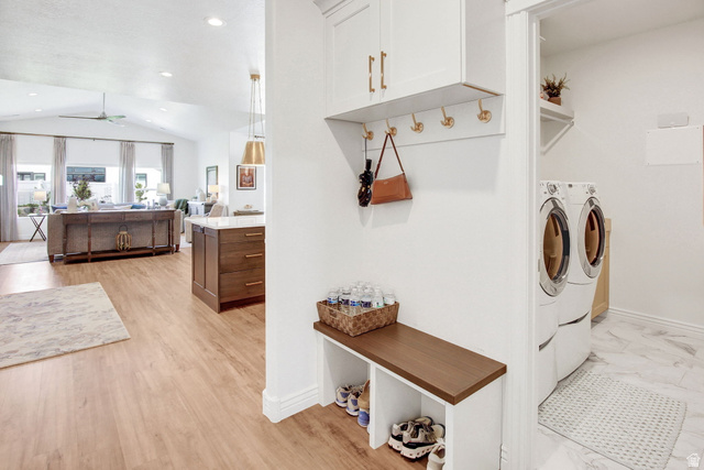 910 South 1700 West Layton, UT 84041 - Photo 19 of 26 Laundry room with vaulted ceiling, a ceiling fan, washing machine and dryer, and recessed lighting