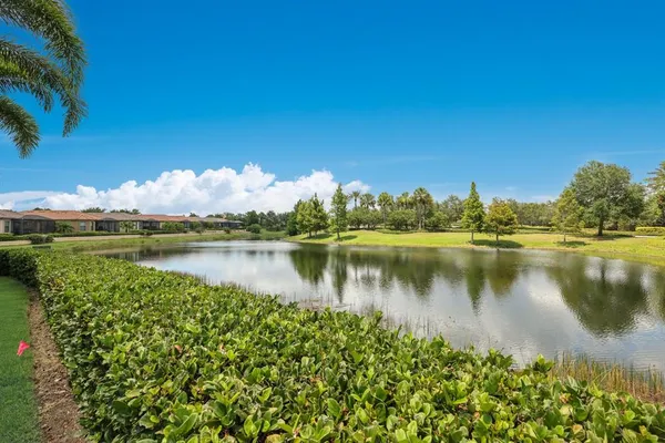 a view of a patio with couches table and chairs under an umbrella