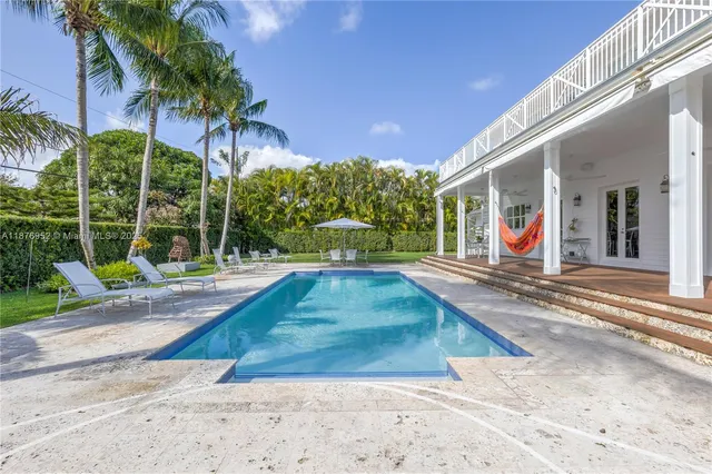 a view of a backyard with swimming pool