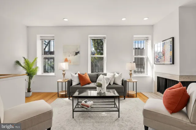 a living room with furniture and a potted plant