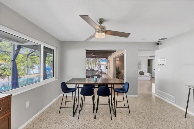 a view of a dining room with furniture window and outside view