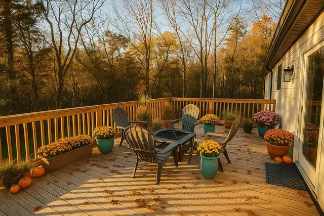 a view of a roof deck with couches
