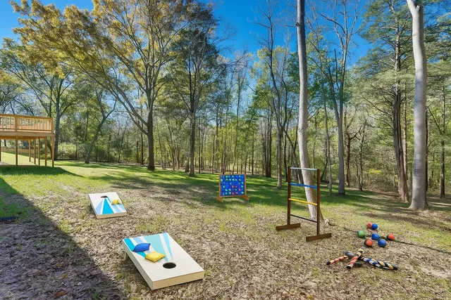 a view of a park with swings