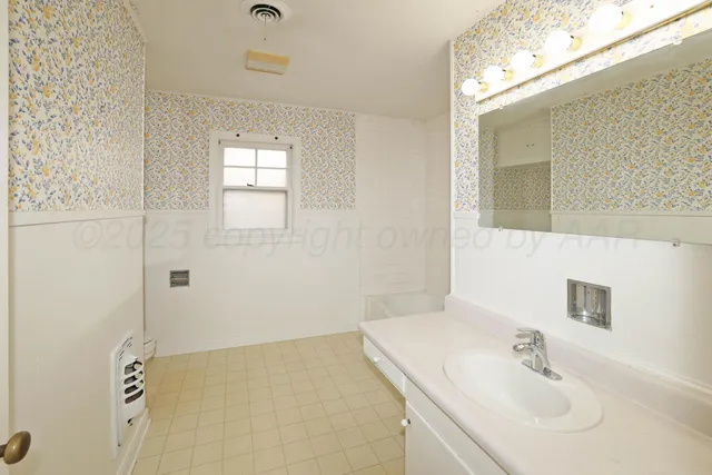 a bathroom with a sink vanity mirror and shower