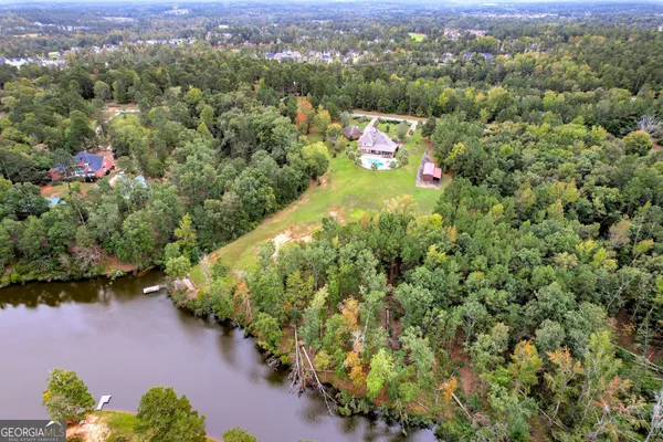 a view of a city with lush green forest