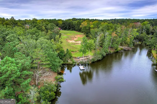 a view of a lake with houses in the back