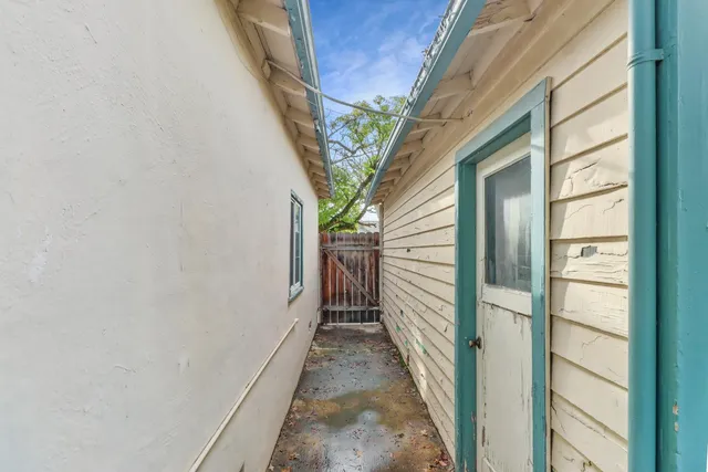 a view of a yard with potted plants