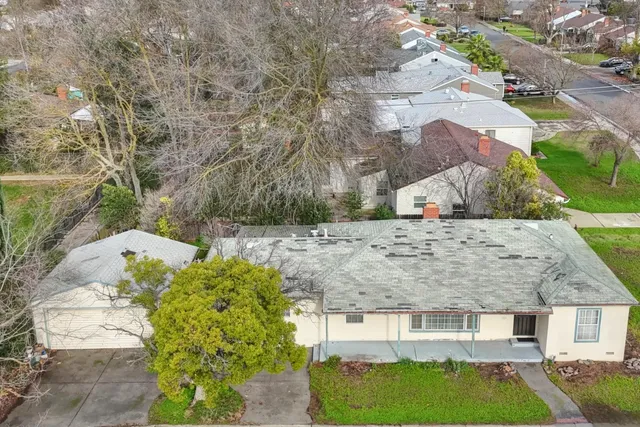 a aerial view of a yard with plants