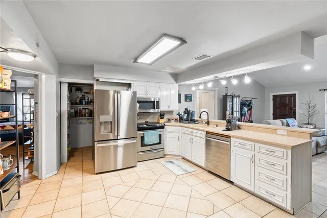 a bedroom with a bed and a chandelier fan