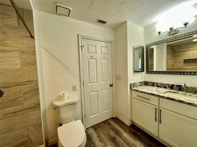 a bathroom with a granite countertop toilet sink and mirror