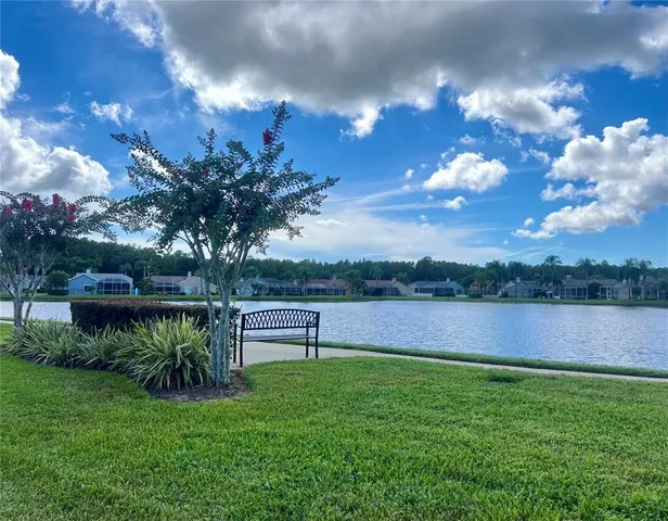 a view of a lake with a yard