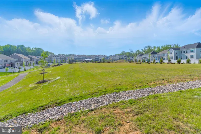 a view of a swimming pool with a garden and trees in the back
