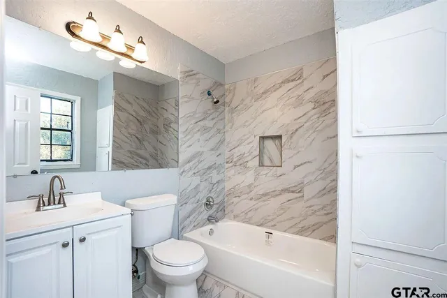 a bathroom with a sink a toilet and a bathtub