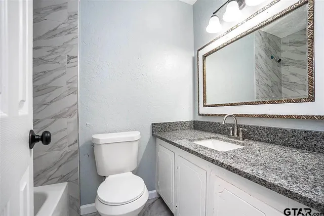 a bathroom with a granite countertop toilet sink and mirror