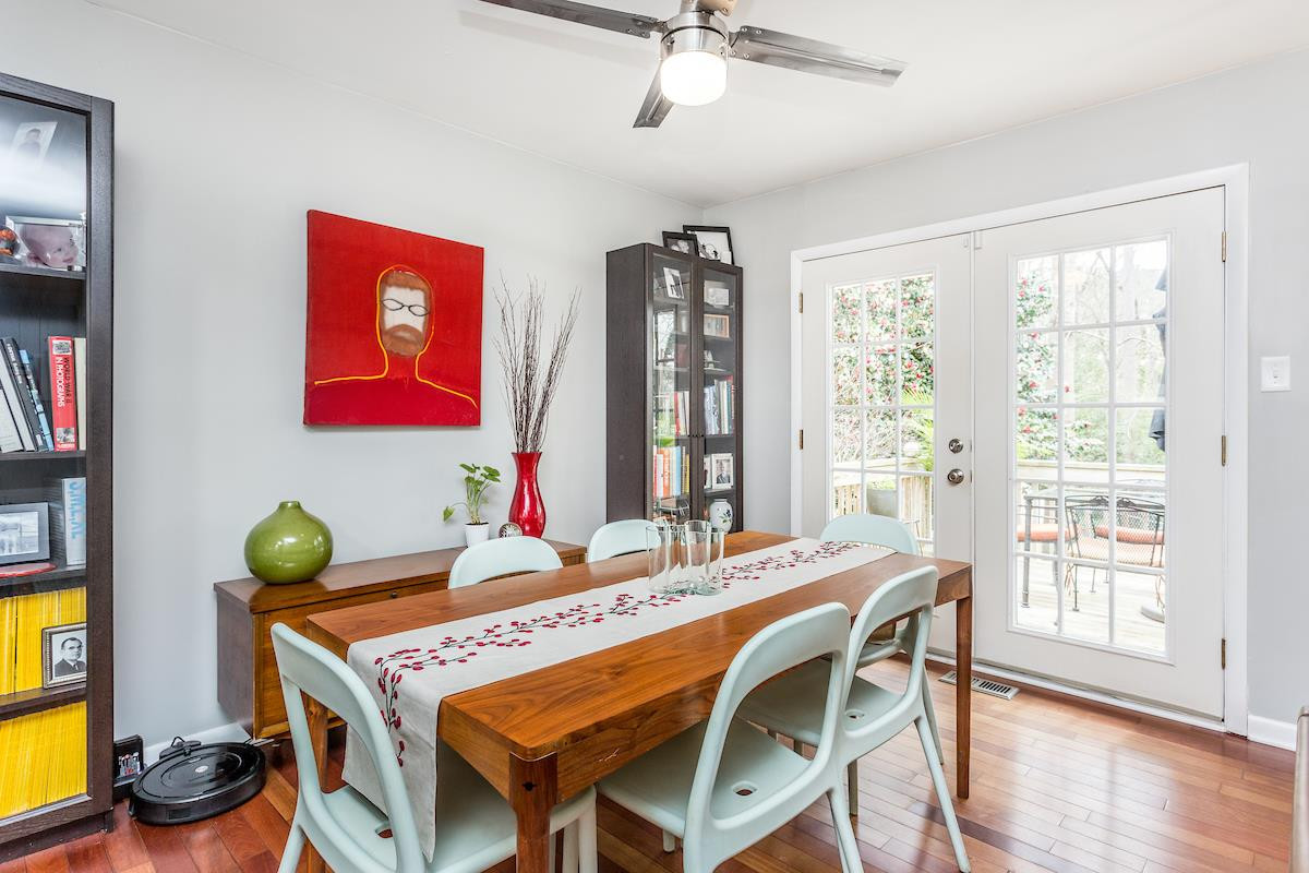 French doors leading out to backyard deck. Dining Room