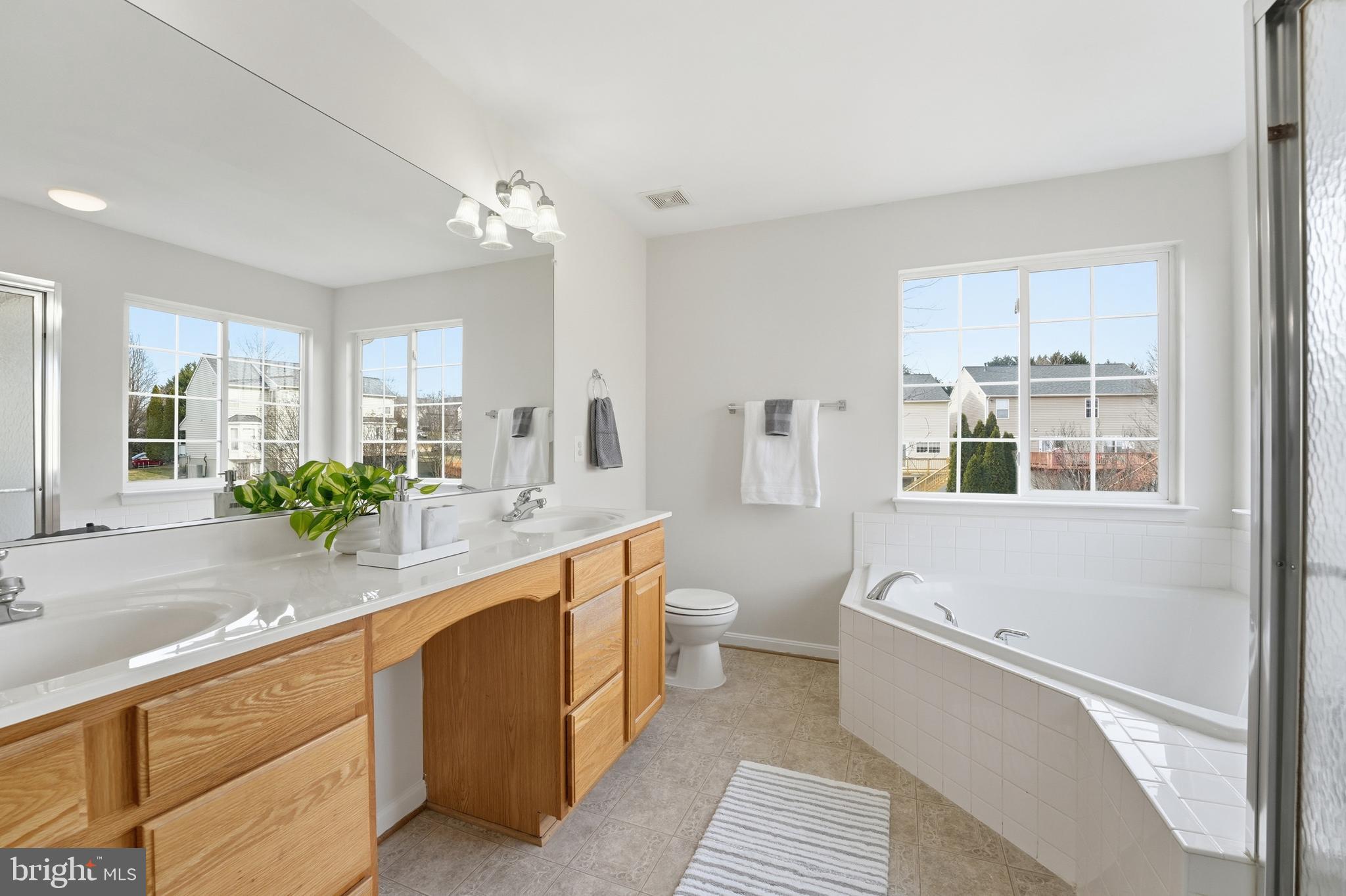 901 Woodcrest Loop Culpeper, VA 22701 - Photo 44 of 61 a spacious bathroom with a double vanity sink a large mirror and a bathtub