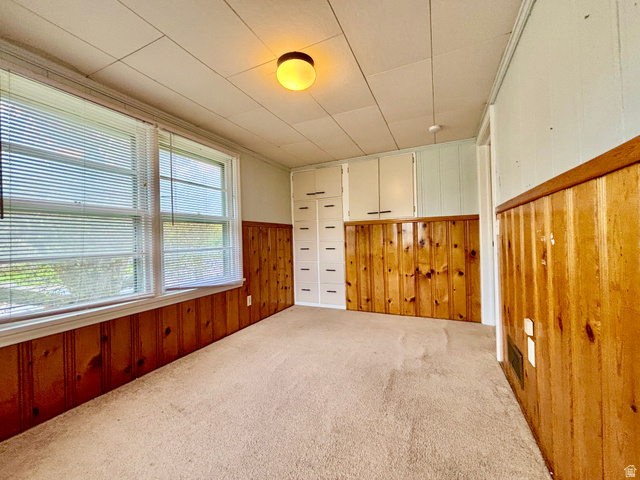 704 North 200 East Logan, UT 84321 - Photo 16 of 24 Carpeted spare room with wood walls, a wainscoted wall, and crown molding